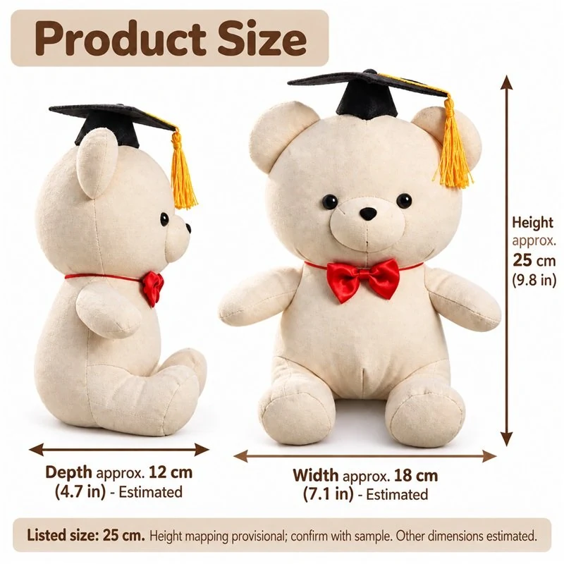 Red Bow Graduation Bear Plush — proposed size reference; dimensions require sample confirmation.
