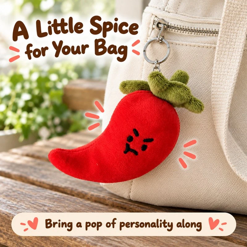 Illustrative application scene featuring red chili pepper plush keychain; setting is a concept.