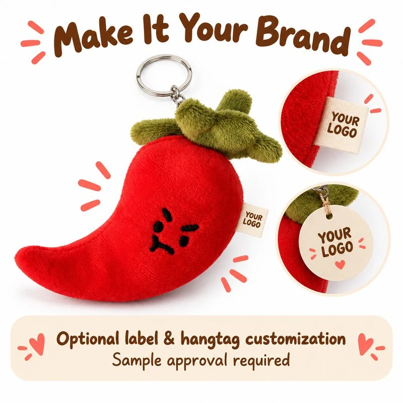 Customization concept for red chili pepper plush keychain; feasibility and sample approval required.