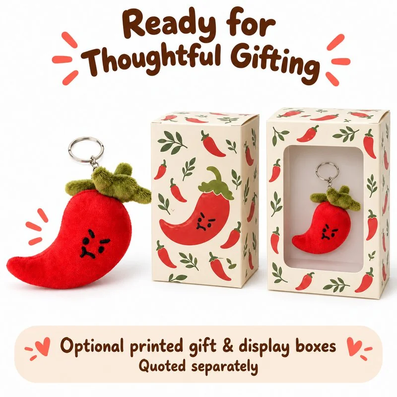Red Chili Pepper Plush Keychain — optional packaging concept; final artwork, fit and quotation require confirmation.