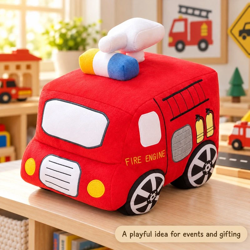 Illustrative application scene featuring red fire engine plush pillow; setting is a concept.
