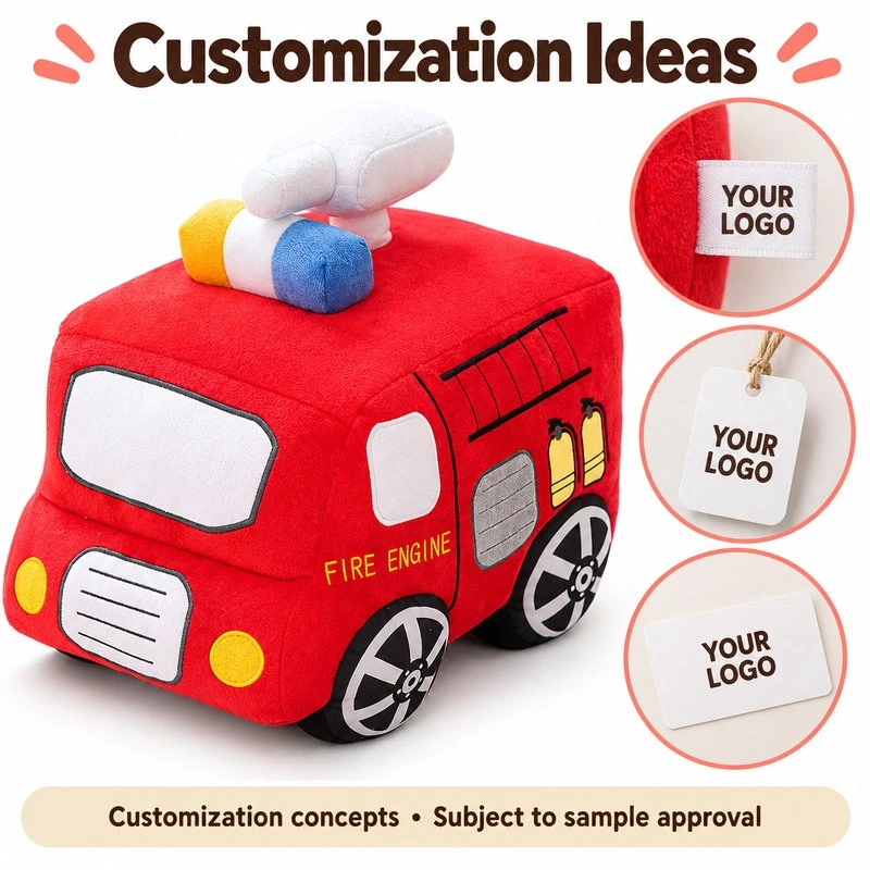 Customization concept for red fire engine plush pillow; feasibility and sample approval required.