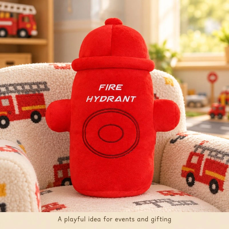 Illustrative application scene featuring red fire hydrant plush pillow; setting is a concept.