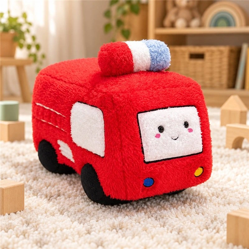 Illustrative application scene featuring red fire truck plush toy; setting is a concept.