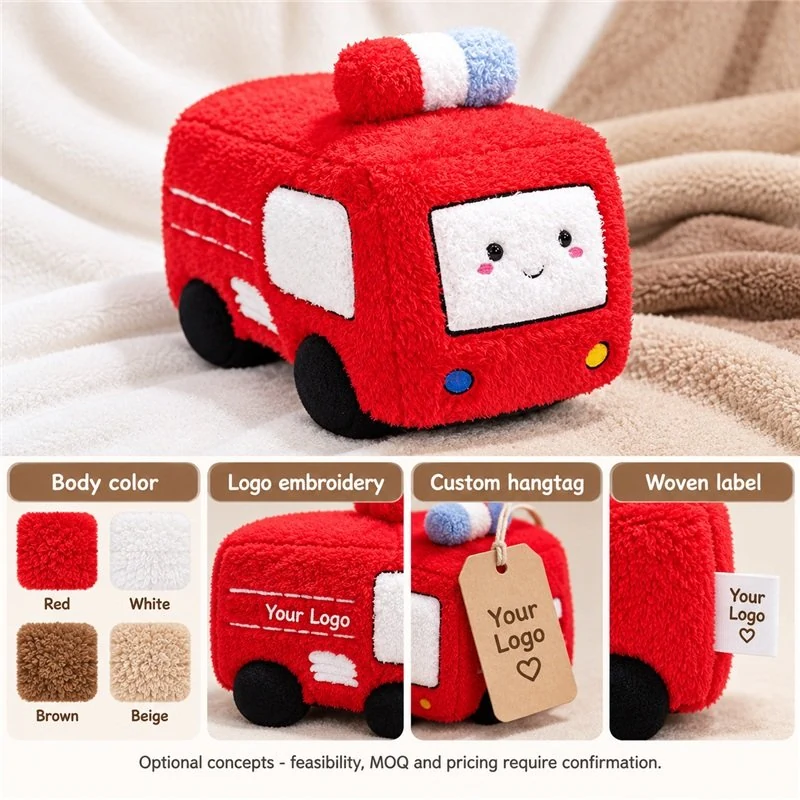 Customization concept for red fire truck plush toy; feasibility and sample approval required.