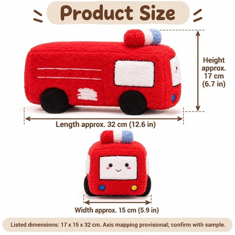 Red Fire Truck Plush Toy — proposed size reference; dimensions require sample confirmation.