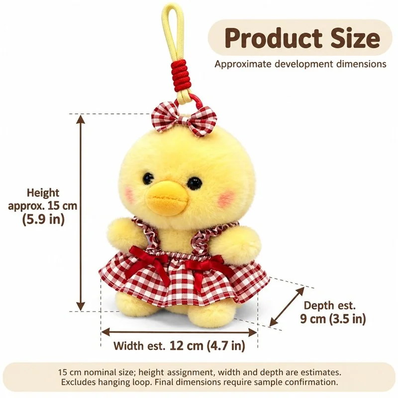 Red Gingham Duck Plush Charm — proposed size reference; dimensions require sample confirmation.