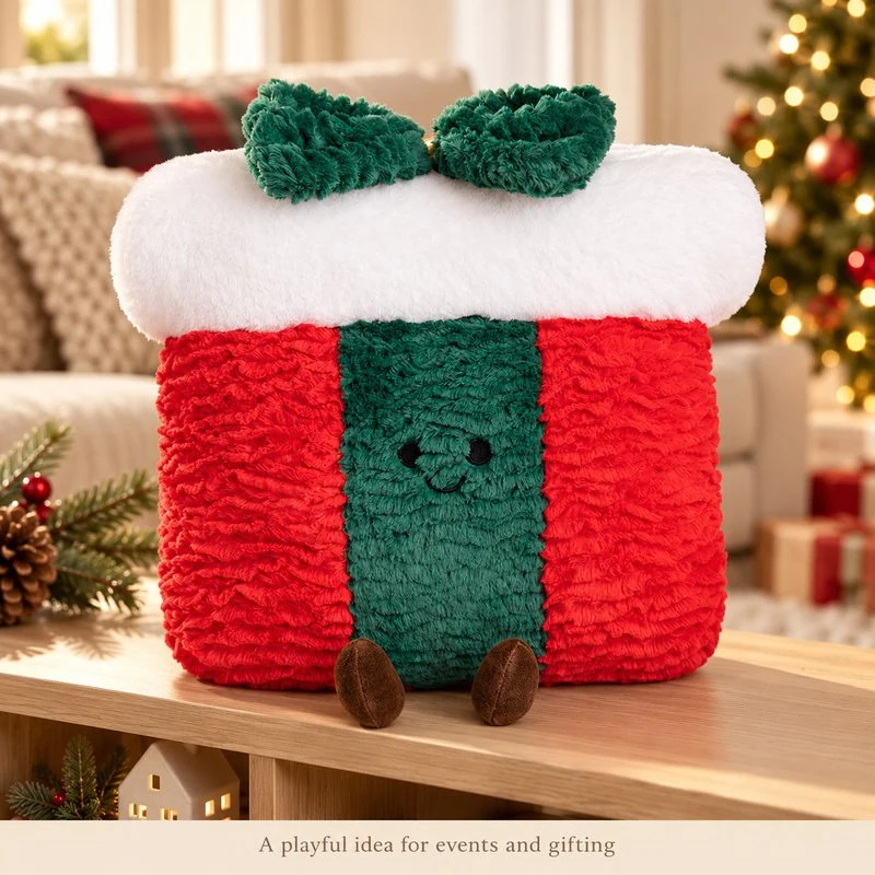 Illustrative application scene featuring red green christmas gift box plush; setting is a concept.