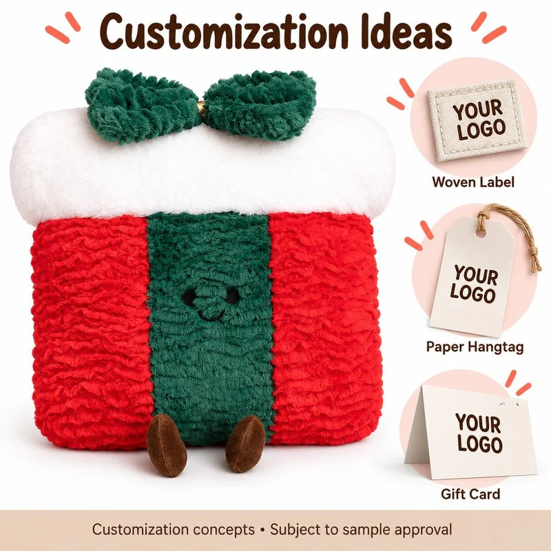 Customization concept for red green christmas gift box plush; feasibility and sample approval required.
