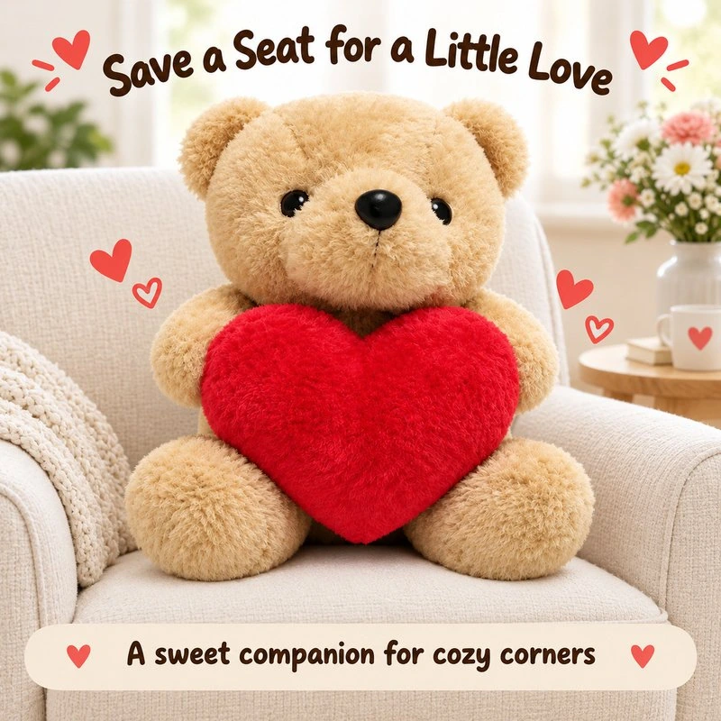 Illustrative application scene featuring short limb red heart teddy bear plush; setting is a concept.