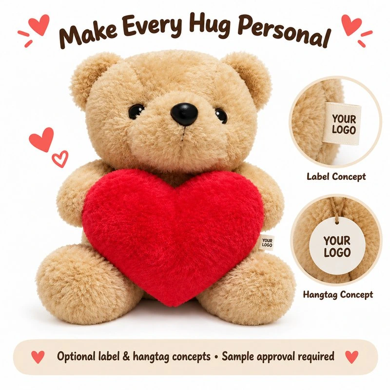 Customization concept for short limb red heart teddy bear plush; feasibility and sample approval required.