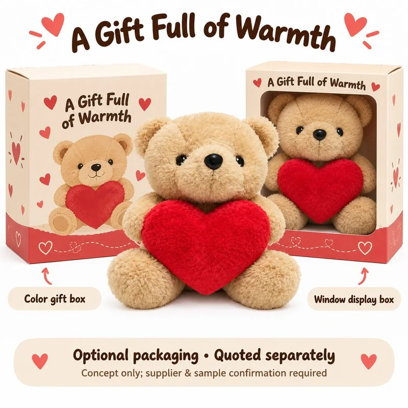 Short Limb Red Heart Teddy Bear Plush — optional packaging concept; final artwork, fit and quotation require confirmation.