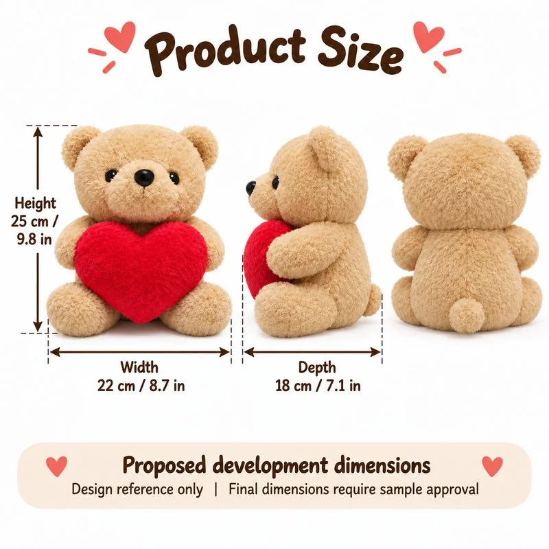 Short Limb Red Heart Teddy Bear Plush — proposed size reference; dimensions require sample confirmation.