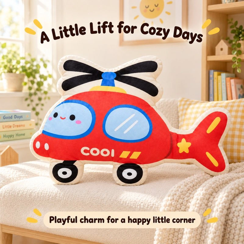 Illustrative application scene featuring red helicopter plush cushion; setting is a concept.