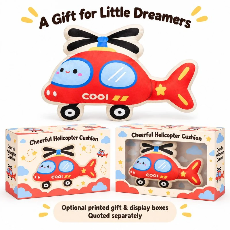 Red Helicopter Plush Cushion — optional packaging concept; final artwork, fit and quotation require confirmation.