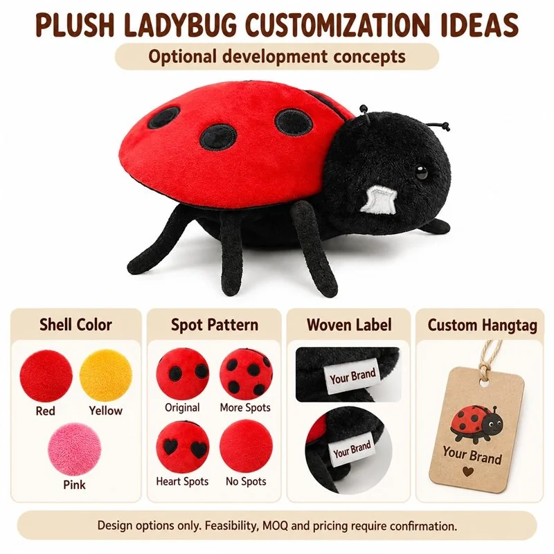 Customization concept for red ladybug plush; feasibility and sample approval required.