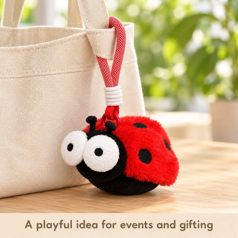 Illustrative application scene featuring red ladybug plush keychain; setting is a concept.