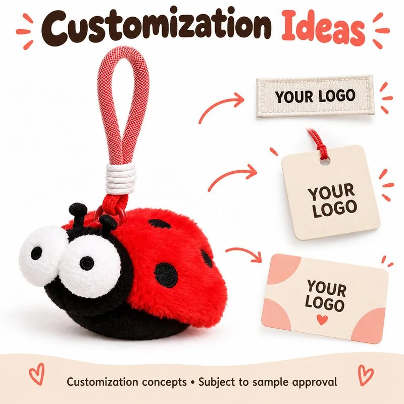 Customization concept for red ladybug plush keychain; feasibility and sample approval required.