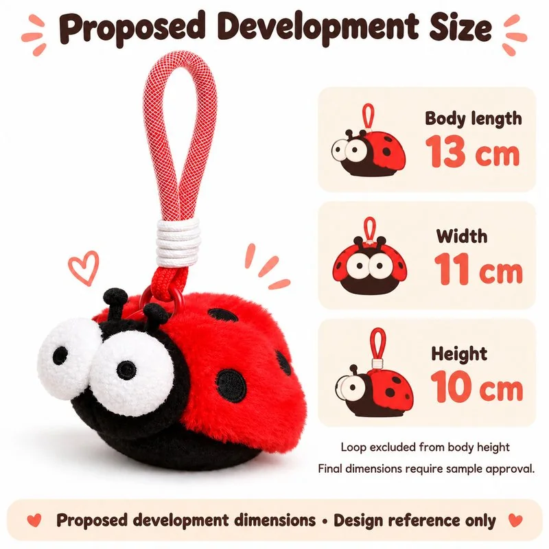 Red Ladybug Plush Keychain — proposed size reference; dimensions require sample confirmation.