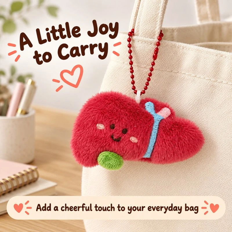 Illustrative application scene featuring red liver plush keychain; setting is a concept.