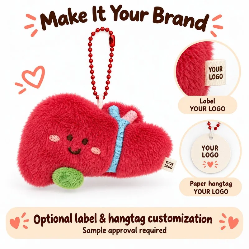 Customization concept for red liver plush keychain; feasibility and sample approval required.