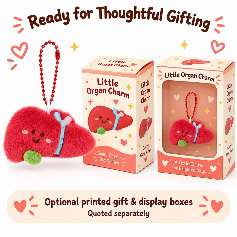 Red Liver Plush Keychain — optional packaging concept; final artwork, fit and quotation require confirmation.