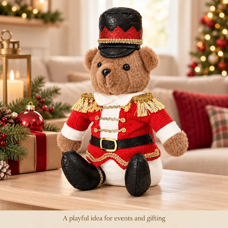 Illustrative application scene featuring red nutcracker soldier bear plush; setting is a concept.