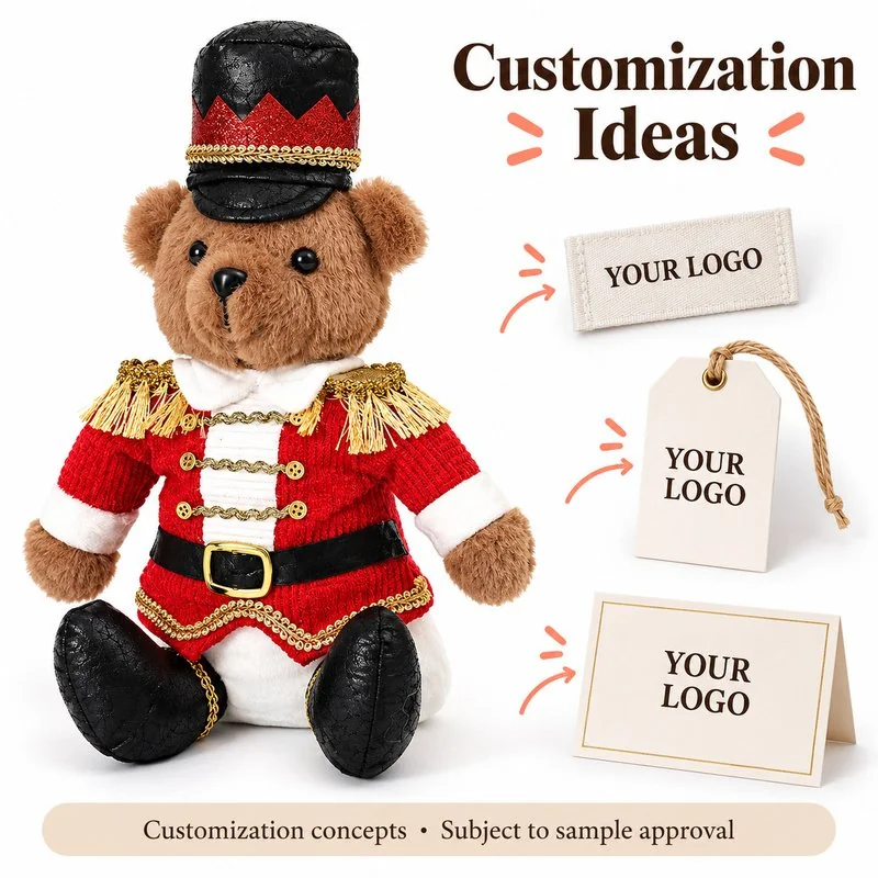 Customization concept for red nutcracker soldier bear plush; feasibility and sample approval required.