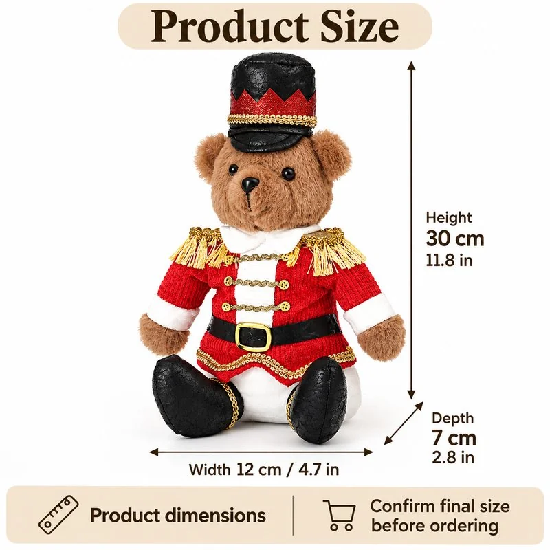 Red Nutcracker Soldier Bear Plush — proposed size reference; dimensions require sample confirmation.