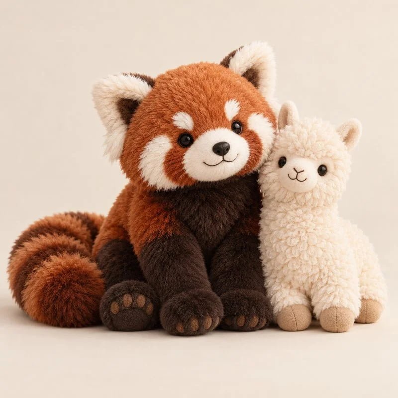 Illustrative red panda and alpaca plush concepts