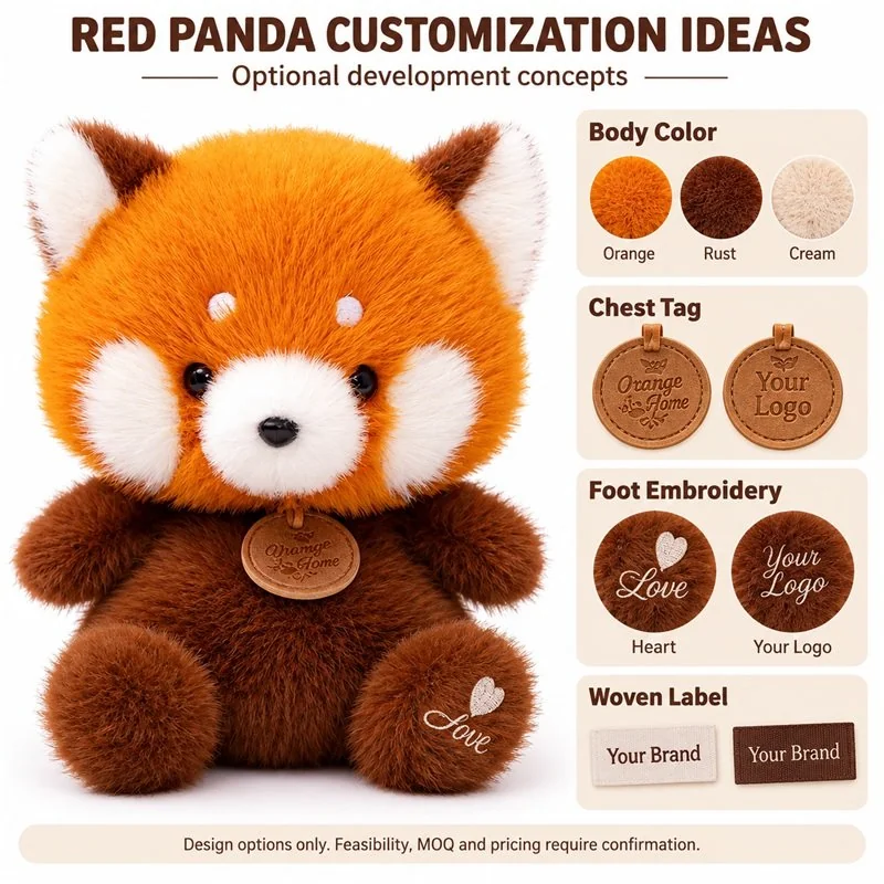 Customization concept for red panda plush; feasibility and sample approval required.
