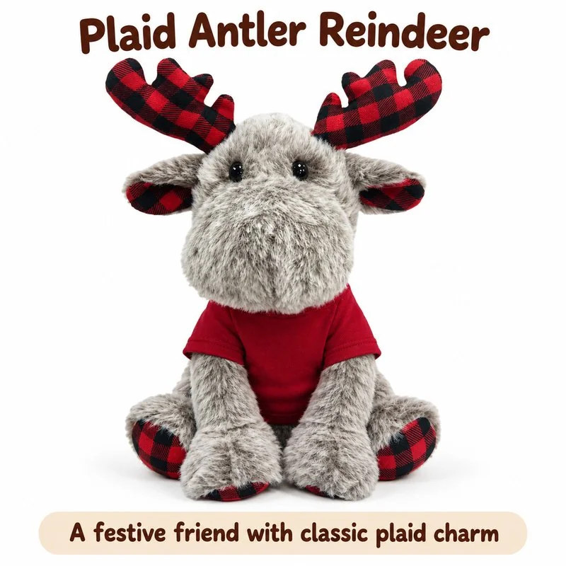 Red Plaid Antler Reindeer Plush