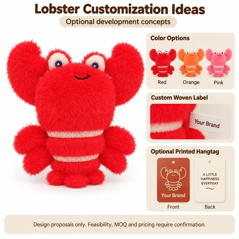 Customization concept for red raised claw lobster plush; feasibility and sample approval required.