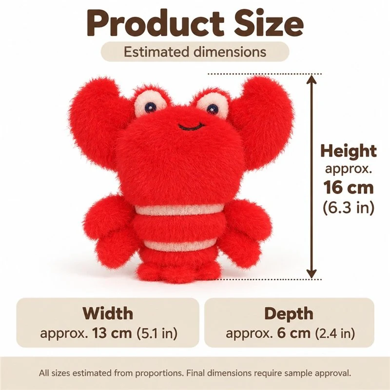 Red Raised Claw Lobster Plush — proposed size reference; dimensions require sample confirmation.