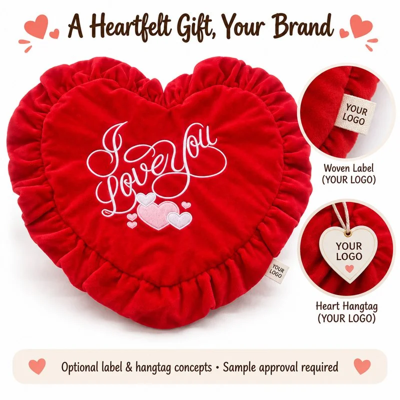 Customization concept for red ruffle love heart plush pillow; feasibility and sample approval required.