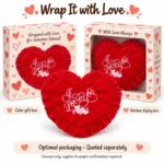 Red Ruffle Love Heart Plush Pillow — optional packaging concept; final artwork, fit and quotation require confirmation.