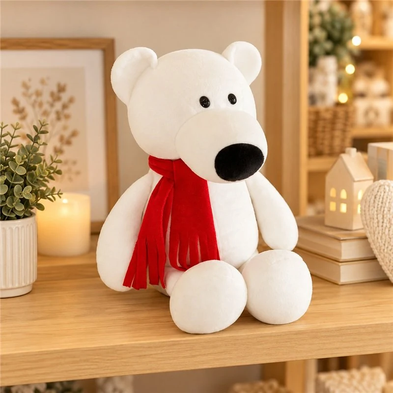 Illustrative application scene featuring red scarf polar bear plush; setting is a concept.