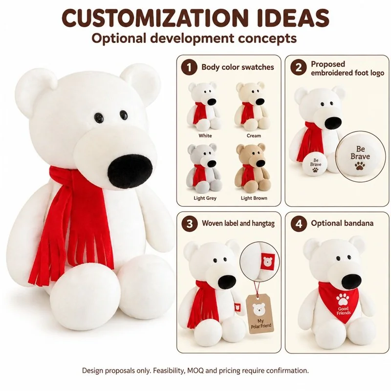 Customization concept for red scarf polar bear plush; feasibility and sample approval required.