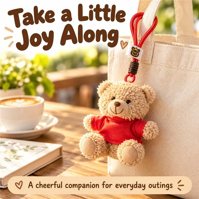 Illustrative application scene featuring red shirt teddy bear plush keychain; setting is a concept.
