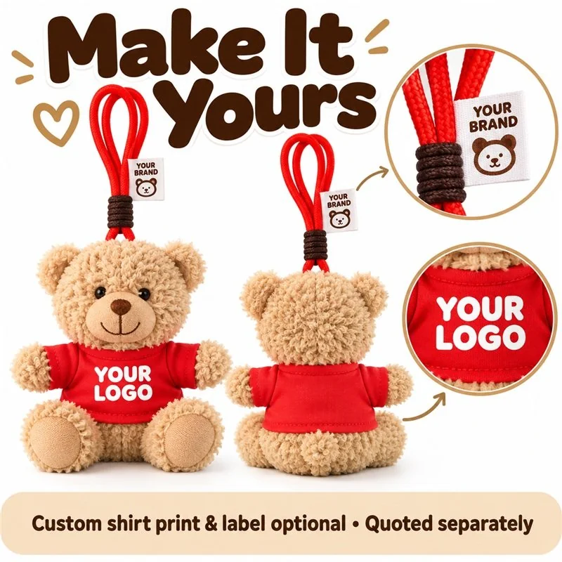 Customization concept for red shirt teddy bear plush keychain; feasibility and sample approval required.