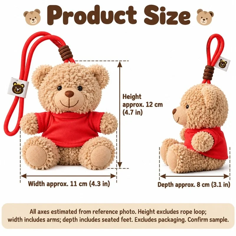 Red Shirt Teddy Bear Plush Keychain — proposed size reference; dimensions require sample confirmation.