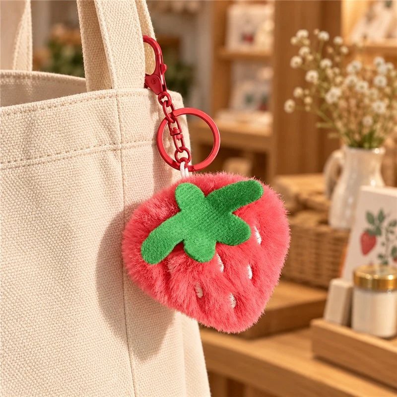 Illustrative application scene featuring red strawberry plush keychain; setting is a concept.