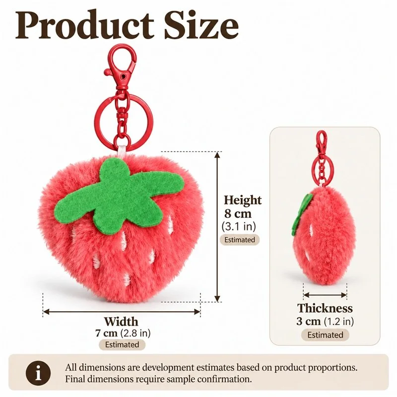 Red Strawberry Plush Keychain — proposed size reference; dimensions require sample confirmation.