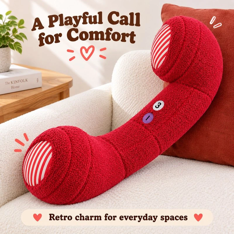 Illustrative application scene featuring red telephone handset plush pillow; setting is a concept.