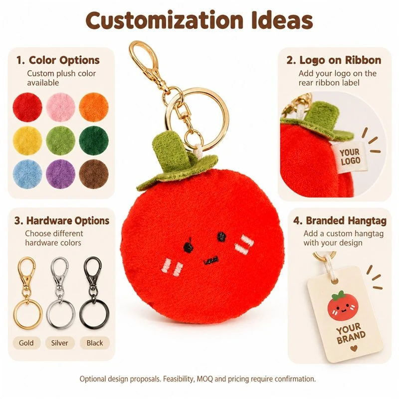 Customization concept for red tomato plush keychain; feasibility and sample approval required.
