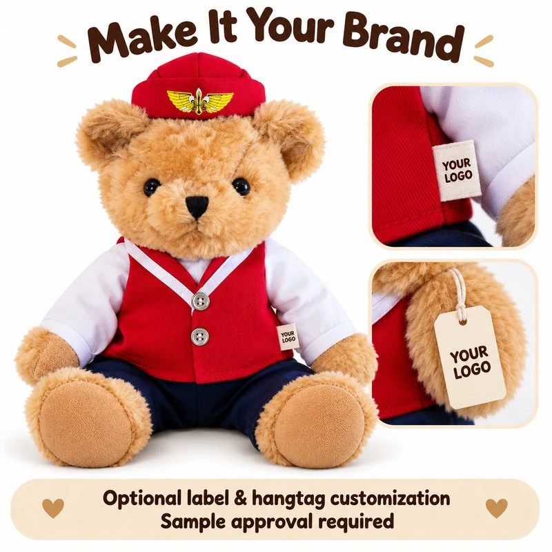 Customization concept for red uniform cabin crew teddy bear; feasibility and sample approval required.