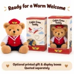 Red Uniform Cabin Crew Teddy Bear — optional packaging concept; final artwork, fit and quotation require confirmation.