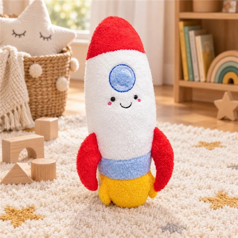 Illustrative application scene featuring red white rocket plush toy; setting is a concept.