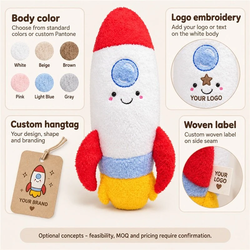 Customization concept for red white rocket plush toy; feasibility and sample approval required.
