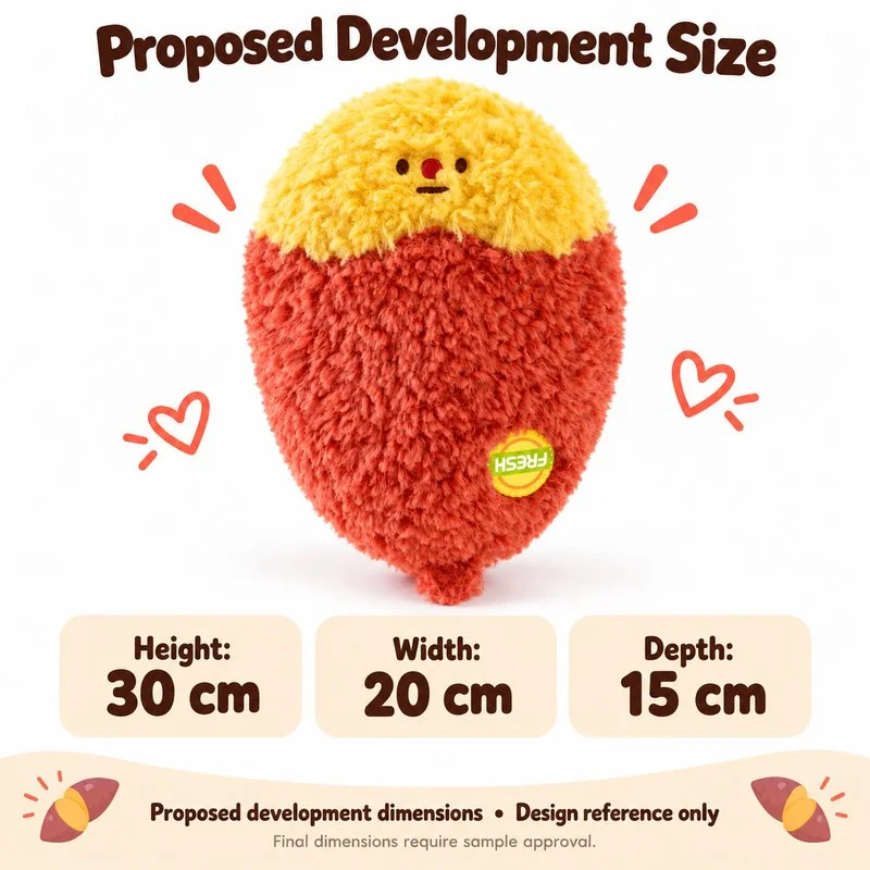 Red Yellow Sweet Potato Plush — proposed size reference; dimensions require sample confirmation.
